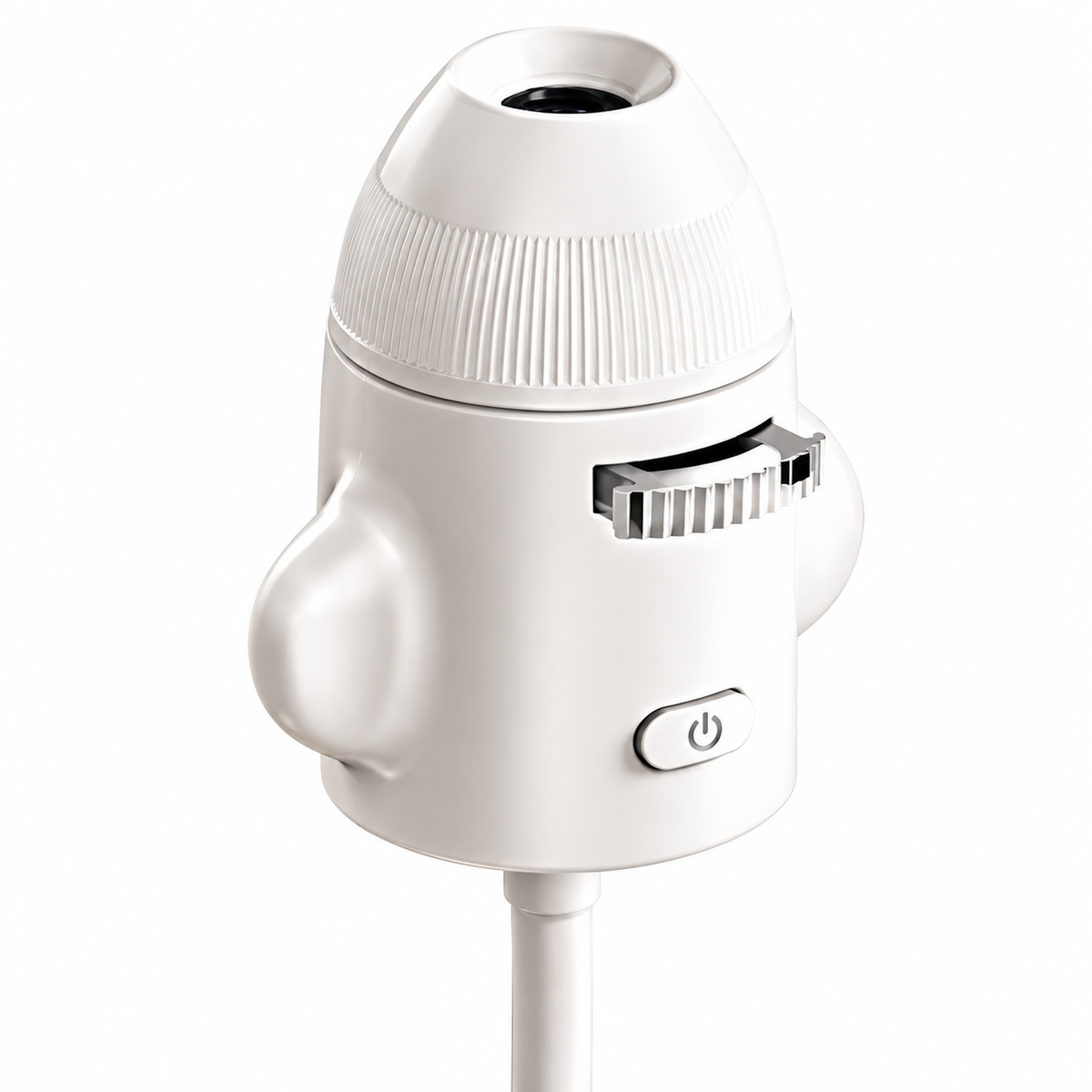Close-up of the white projector lamp, lens and controls