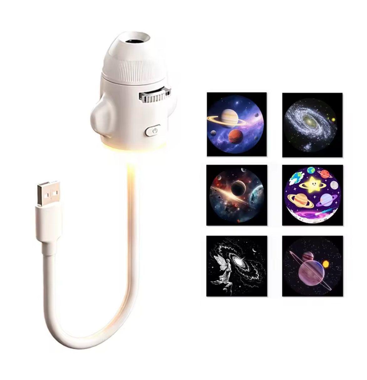 White astronaut projector lamp with flexible USB cable and six projection designs
