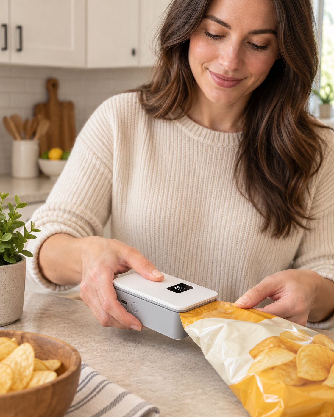 Woman using the Mini Bag Sealer to reseal a bag of chips