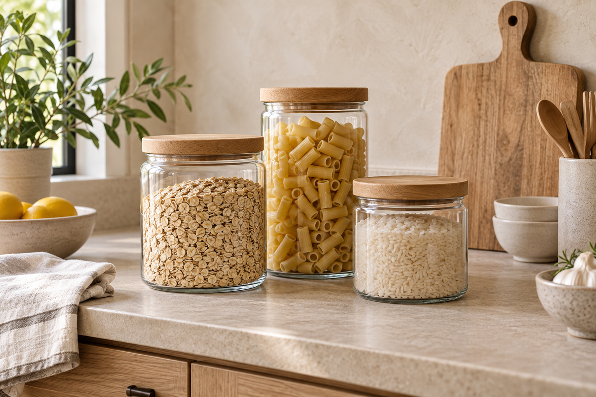 Glass storage jars on a kitchen counter