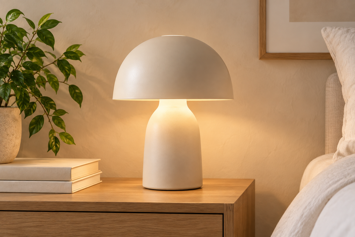 A warm bedside lamp on a wooden table